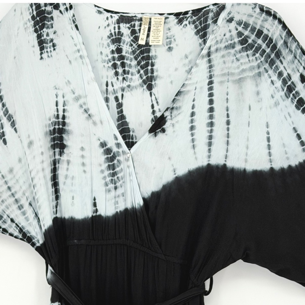 Japna Tie Dye Maxi Dress Kimono Sleeve Belted Boho Festival Black Gray M 101-00 - Picture 13 of 13